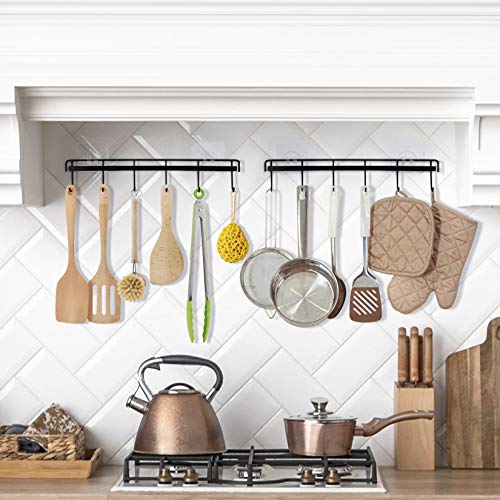Adhesive Wall Hooks Rack Kitchen Rail, Space Saving Utensil Holder No Drilling Wall Mounted Accessory Hanger with 6 Hooks for Kitchen Bathroom Bedroom Pack of 2 (Black) - view 2