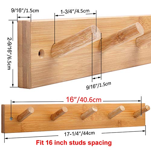 Coat Rack Wall Mounted,16" Hole to Hole,Coat Hanger Wall Mount with 5 Hooks for Hanging Coats,Hook Rack Peg Rail for Hats,Jacket,Clothes,Towels,Natural - view 2