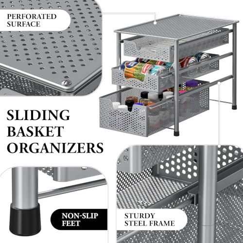 Stackable 3 Tier Sliding Basket Organizer Drawer, Silver - view 4
