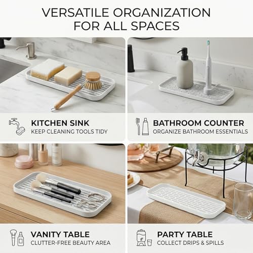 Silicone Organizer Tray, Soap and Sponge Holder for Kitchen Sink, Bathroom - Storage Tray for Dish Brush, Soap Dispenser, Dishwashing Accessories-(White 1 Pack, 12"x4.7") - view 7