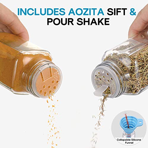 14 Pcs Glass Spice Jars with Spice Labels - 4oz Empty Square Spice Bottles - Shaker Lids and Airtight Metal Caps - Chalk Marker and Silicone Collapsible Funnel Included - view 4