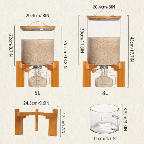 Rice Dispenser, Rice Storage Container, Flour and Cereal Container for Kitchen Organization and Pantry Store, Glass Cereal dispenser with Airtight Lid and Wooden Stand 5L - view 3