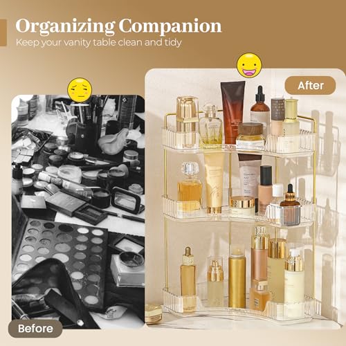 Corner Bathroom Counter Organizer, Bathroom Countertop Shelf Makeup Storage, Clear Perfume Tray Holder (3 Tiers, White) - view 5