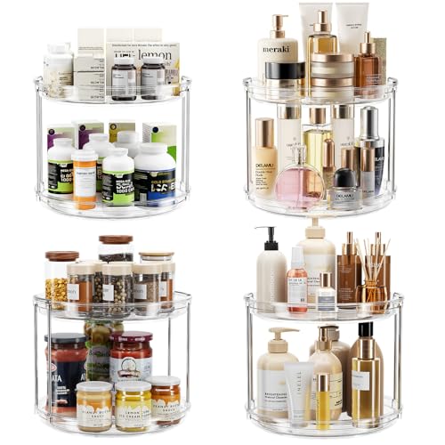 4 Pack 2 Tier Lazy Susan Turntable Organizer 9.25'' Rotating Spice Rack Organization for Cabinet, Kitchen, Pantry, Countertop, Bathroom, Vanity, Medicine Cabinet Organizer, Clear