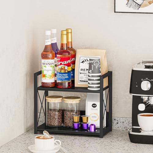 Kitchen Counter Shelf, 2 Tier Kitchen Spice Rack Organizer for Countertop, Wood Coffee Bar Organizer for Home (Black, S) - view 6
