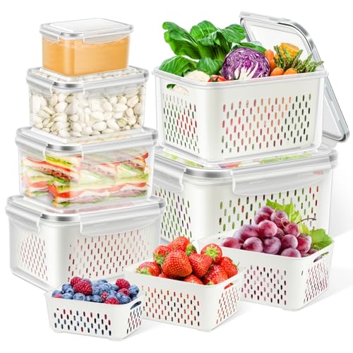 12 Pieces Fruit Storage Containers for Fridge Organizers and Storage, 6 Pack Large Produce Saver with Airtight Lid & Colander for Berry Lettuce Salad Vegetable Storage, Refrigerator Organizer
