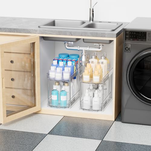 2 Pack Large Pull Out Bathroom Organizers and Storage,2 Tier 12.8″ Tall Sliding Kitchen Under Sink Organizer for Cleaning Products Storage,Acrylic Clear Bathroom inder Sink Organizer,Undersink Storage - view 4