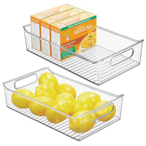 Plastic Kitchen or Pantry Storage Bins with Handles - Organization in Cabinet, Fridge or Freezer - Fruit Container for Refrigerator or Food Organizer for Pasta, Ligne Collection, 2 Pack, Clear
