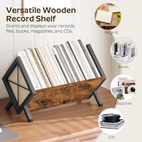 Vinyl Record Holder, Record Storage Rack Holds 80-100 LP，Wooden and Metal Record Organizer, Quick Assembly Magazine Holder for CDs, Magazine, Albums, Rustic Brown and Black CJ06BR - view 5