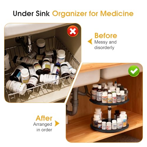 2 Tier Medicine Cabinet Organizer, Rotary Turntable Organizer for Medicine and Vitamin Bottles, Under Sink Organizer for Medicine, Bathroom Cabinet Storage, Tray has Removable Dividers, Easy Assembly - view 4