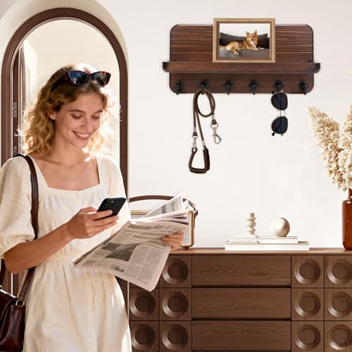 Key Holder for Wall, Mail Organizer Wall Mount with 6 Hooks Wooden Hanging Key Rack for Home Decor, Hallway, Entryway (Brown) - view 2