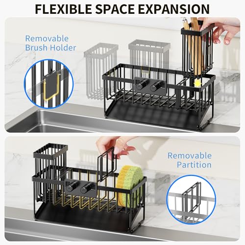 Kitchen Sink Caddy Organzier with High Brush Holder, Sponge Holder for Sink, 304 Rustproof Stainless, Kitchen Countertop Soap Dispenser Organizer (Black With Smiley Face Holder, 9.25″) - view 4