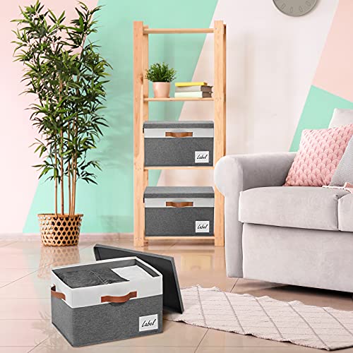 Storage Bins with Lids 3 Pack, Large Storage Baskets with Lids and Label, Foldable Fabric Storage Boxes with 3 PU Handles for Organizing Shelves Home Nursery Office (Grey, 15x11x9.6) - view 5