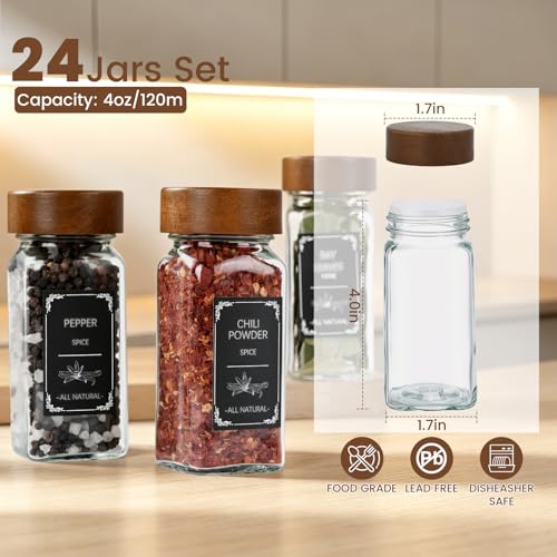 2 Pack Spice Rack with 24 Spice Jars, 4OZ Wood Lid Spice Containers with Expandable Spice Organizer Shelf, Spice Labels, Pepper Grinder Lids, Chalk Marker & Funnel Set for Drawer Kitchen Countertop - view 4