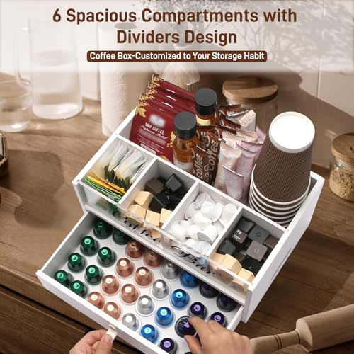2-Tier Coffee Bar Organizer with Clear Acrylic Top, Built-in Drawer and Leather Handle Pull for Countertop, Stylish Coffee Station Storage Box for Accessories, Pods, Great Gifts for Home - view 4