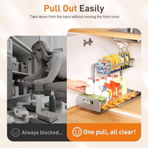 Under Kitchen Sink Organizer, Metal Pull Out Bathroom Organizers and Storage, 2-Tier Cabinet Organizer Shelf with Sliding Drawer, Home Organization for Kitchen, Laundry, Pantry, Light Grey, 2 pack - view 4