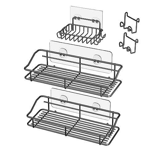 Shower Caddy Shelf with Hooks Storage Rack Organizer Adhesive Stainless Steel without Drilling for Bathroom, Lavatory, Washroom, Restroom, Shower, Toilet, Kitchen (Black, 3 Pack)