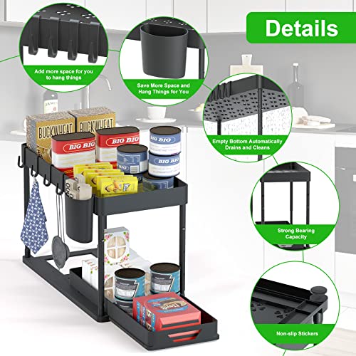 Under Sink Shelf Kitchen Organiser 2-Tier Drawer Organiser Liftable Cabinet Organiser Kitchen with 4 Hooks, 8 Non-Slip Pads & 1 Hanging Cup Storage (2 Pack, Black) - view 3