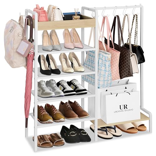 2-in-1 White Shoe Rack for Closet with Purse Organizer, 5-Tier