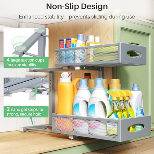 Under Sink Organizer, 2 Pack 2 Tier Pull out Cabinet Organizer Baskets with Mesh Sliding Drawers, Slide out Sink Storage Shelves for Home, Kitchen, Bathroom, Pantry, Office Organizers and Storag,Grey - view 6