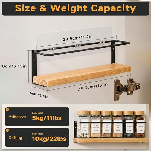 4-Tier Wall Mount Spice Rack Organizer with 24 Glass Jars, 216 Labels & Funnel - Screw/Adhesive Mount, Black Metal & Bamboo Spice Storage for Kitchen Pantry Cabinet, 11.6”W x 2.4”D x 3.2”H - view 4