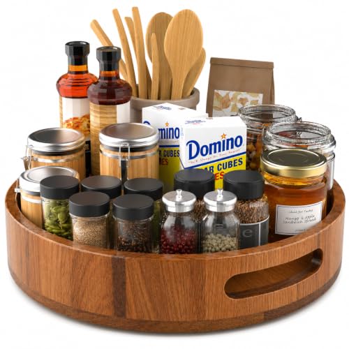 Wooden Lazy Susan – 12 in Acacia Wood Turntable Organizer for Cabinet，Multi-Purpose Home Decor Rotating Tray for Bathroom Accessories, Bedroom Makeup Organizer & Countertop Storage