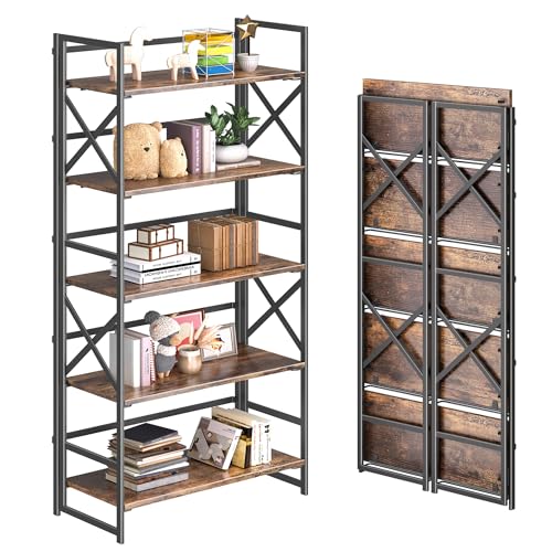 5 Tiers No Assembly Book Shelves, 51.2" H Folding Bookshelf Bookcase Open Industrial Foldable Shelves for Bedroom, Living Room, Home Office - Rustic Brown Black