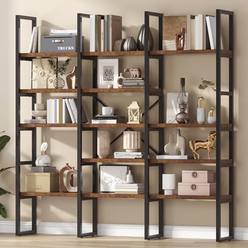 Large Bookshelf 5 Tiers, Triple Wide Geometric Bookcase, 71 Inches Tall Industrial Book Shelves Etagere Book Case, Sturdy Metal Frame, Freestanding Display Shelving Unit, Rustic Brown - view 2