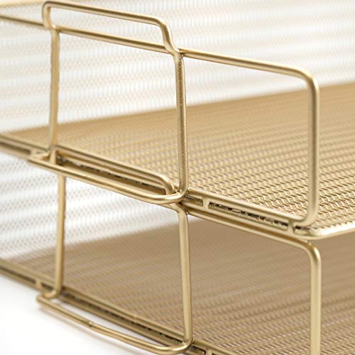 Paper Tray Stackable Gold Mesh Set of 2 | Stackable File Trays for Desk Organization | Tiered Desk Organizer with Metal Letter Trays - view 5