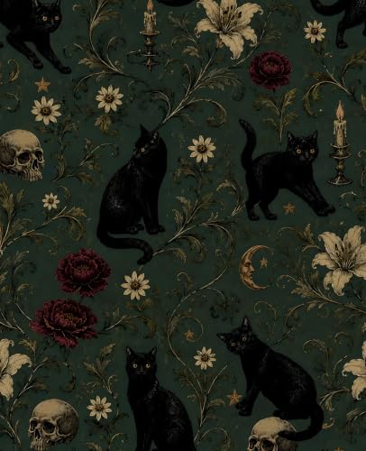 Dark Green Gothic Black Cats Peel and Stick Wallpaper 17.5" x 118"