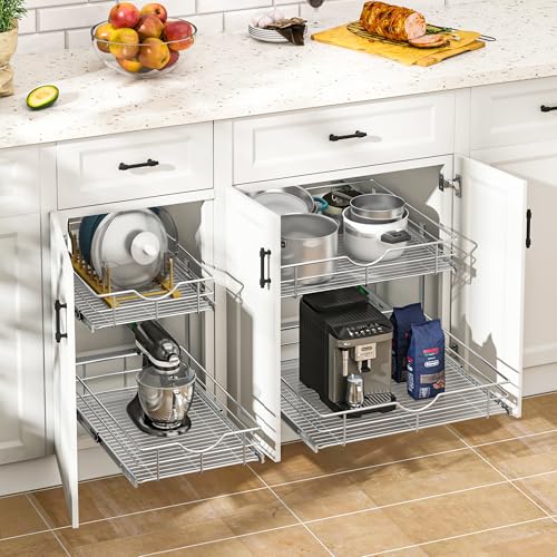 2-Tier Kitchen Cabinet Pullout Shelf and Drawer Organizer, Soft Close Pantry Pull Out Shelves, Heavy Duty Pull Out Cabinet Organizer with Shelf Liner for Kitchen Cabinets, Pantry Storage - view 2
