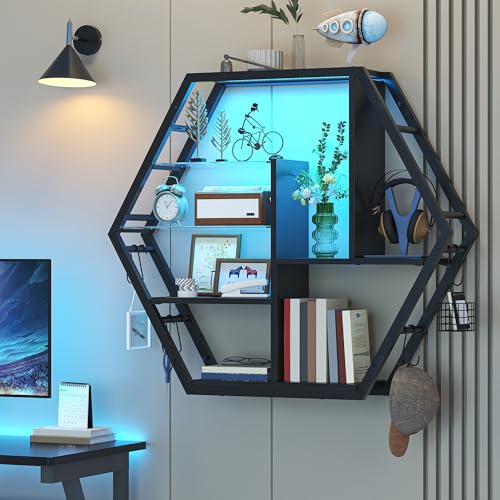 39" Wide LED Gaming Floating Shelves, 5 Tier Wall Mounted Shelves with 2 Removable Glass Shelves, Coffee Bar Rack with 8 Hooks, Display Rack for Wall Storage for Gaming Room, Black - view 3
