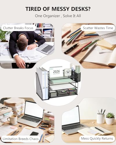 Desk File Organizer, 4 Tier Desktop Paper Letter Tray Organizer with Drawer and 2 Pen Holders, Office Desk Accessories & Workspace Organizers for Office, Home Supplies(DO005DH-B), 1 Pack, Black - view 3