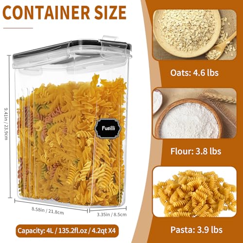Cereal Containers Storage Set (4L / 135.2oz), 4PCS Airtight Food Storage Containers with Lids, Cereal Dispensers for Kitchen Pantry Organization and Storage with Pour Spout, 20 Labels, Marker - view 2
