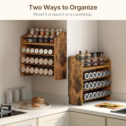 Spice Rack, 4 Tier Wall Mount & Countertop Organizer, Industrial Spice Holder, for Kitchen Countertop and Cabinet, Compact and Versatile, Rustic Brown SR07BR - view 2
