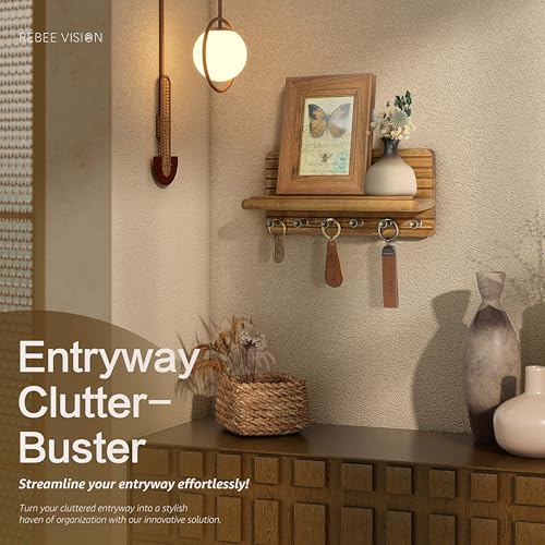 Key Holder Wall Mount with 6 Hooks for Entryway, Light Brown - view 5