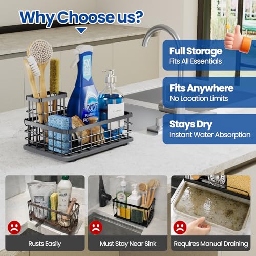 Extra Large Sink Caddy with Drying Stone, Sponge & Brush Holder for Kitchen - view 5