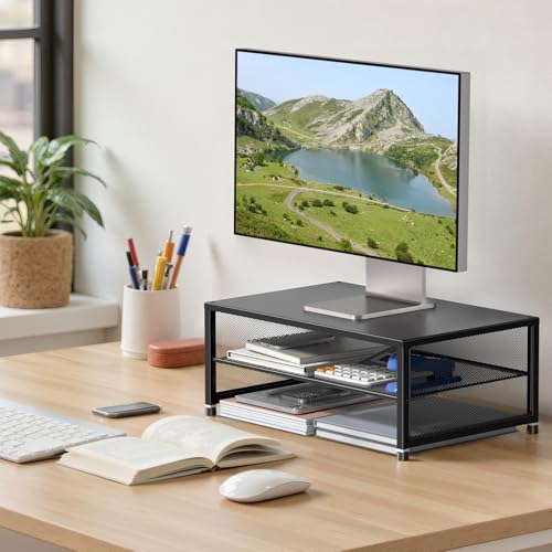 2-Tier Computer Monitor Stand Riser, Printer & Laptop Stand, Office Desk Accessories, Workspace Desk Organizer for Home Office Supplies, Black - view 2