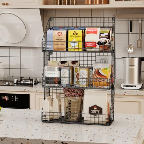 3-Tier Stackable Detachable Snack Organizer (Large Size), Countertop Display/Wall Mounted Shelf with 5 Hooks Wire Basket Snack Shelf for Office Cabinets, Kitchen, Pantry, 11.8x7.8x22 Inch - view 4