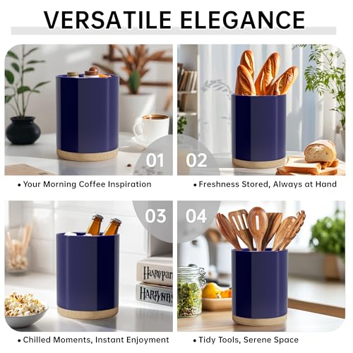 Ceramic Kitchen Utensil Holder for Countertop, Modern Crock with Non-Slip Cork Base, Counter Organizer for Cooking Tools, Blue - view 7