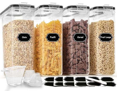 Cereal Containers Storage Set (4L / 135.2oz), 4PCS Airtight Food Storage Containers with Lids, Cereal Dispensers for Kitchen Pantry Organization and Storage with Pour Spout, 20 Labels, Marker