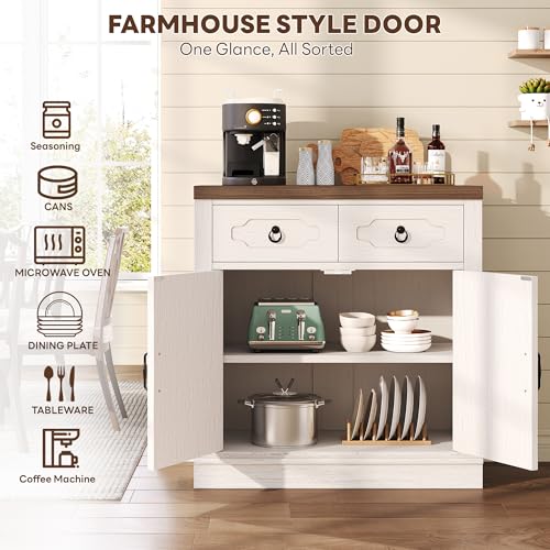 Buffet Cabinet with 2 Drawers, 32" Sideboard Buffet Storage Cabinet with Doors and Shelves, Farmhouse Coffee Bar Station Kitchen Cabinet for Dining Room, Living Room, Entryway, White - view 5