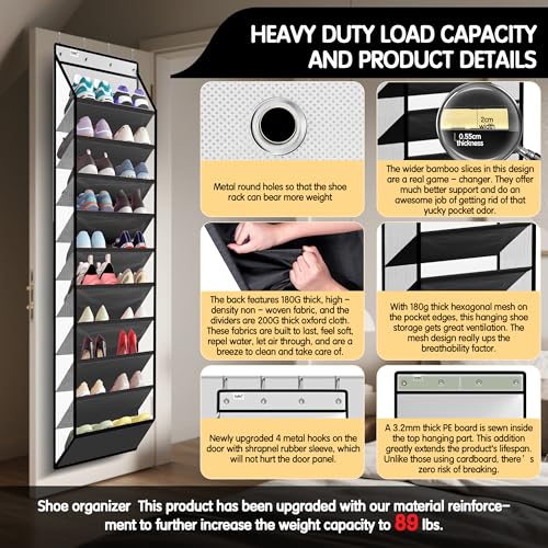10 Tier Hanging Shoe Rack - Heavy Duty Behind The Door Hanging Shoe Rack, Sturdy Oxford Cloth, 20+ Pairs Over The Door Shoe Cabinet for Boots and Sneakers - Save 50% Closet Space! (Piano White) - view 3