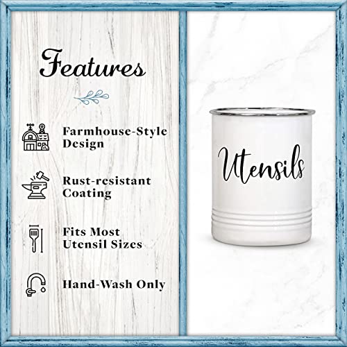 Vintage Farmhouse Utensil Holder - Stylish Countertop Organizer and Kitchen Decor Caddy - Stainless Steel Rim - White - view 2
