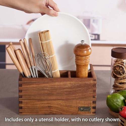 Acacia Wood Utensil Holder, Paper Plate Dispenser Organizer for Countertop - 4 Compartment Silverware Caddy for Friendsgiving Party - Cutlery Holder for Cup, Fork, Spoon, Kitchen, Camping - view 3
