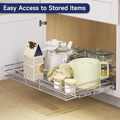 Pull Out Cabinet Organizer, 30" W x 21.5" D, Heavy Duty Chrome Slide Out Shelf for Wide Base Cabinets, Sliding Wire Basket Drawer for Pots, Pans, Appliances & Pantry Storage - view 6