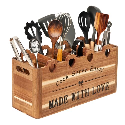 Kitchen Utensil Holder, Large Acacia Wood Organizer for Countertop | Extra Large Farmhouse Style with 4 Compartments, Rustic Wooden Storage for Cooking Tools & Cutlery