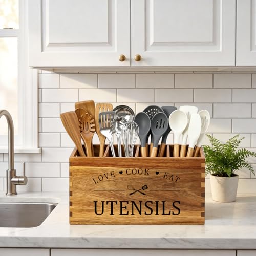Acacia Wood Kitchen Utensil Holder Countertop Large Cooking Spoon Organizer - view 4