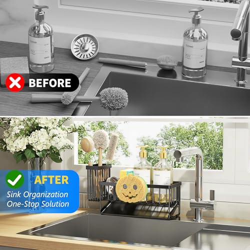Kitchen Sink Caddy Organzier with High Brush Holder, Sponge Holder for Sink, 304 Rustproof Stainless, Kitchen Countertop Soap Dispenser Organizer (Black With Smiley Face Holder, 9.25″) - view 6