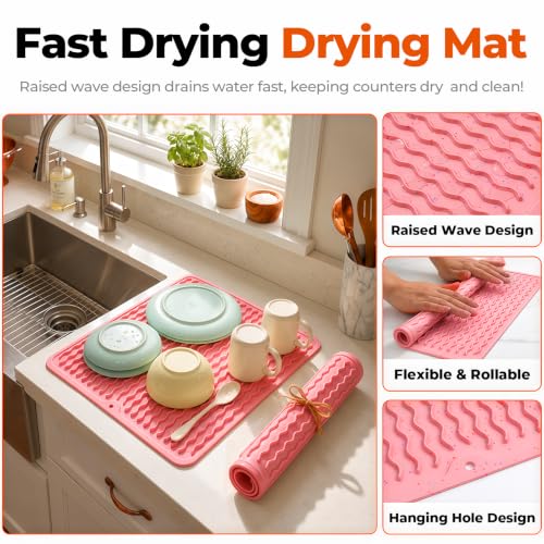 2 Pack Multicolor Silicone Dish Drying Mat for Kitchen Counter Placemats Chef Mother Essentials Espresso Machine Station Utensil Holder Rack Washer Trivets Oven Tools Cute Girl Pink Gifts - view 3
